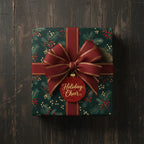Christmas gift wrapped in floral paper with red ribbon and ornament, "Holiday Cheer" on dark wood.