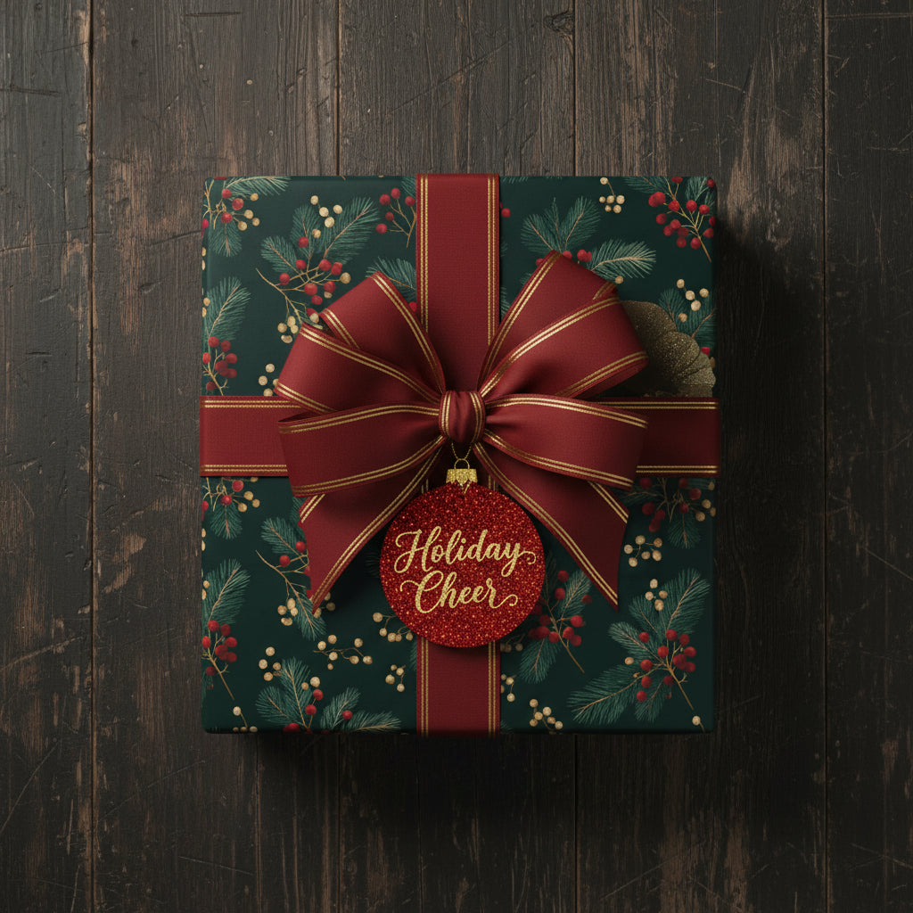 Christmas gift wrapped in floral paper with red ribbon and ornament, "Holiday Cheer" on dark wood.
