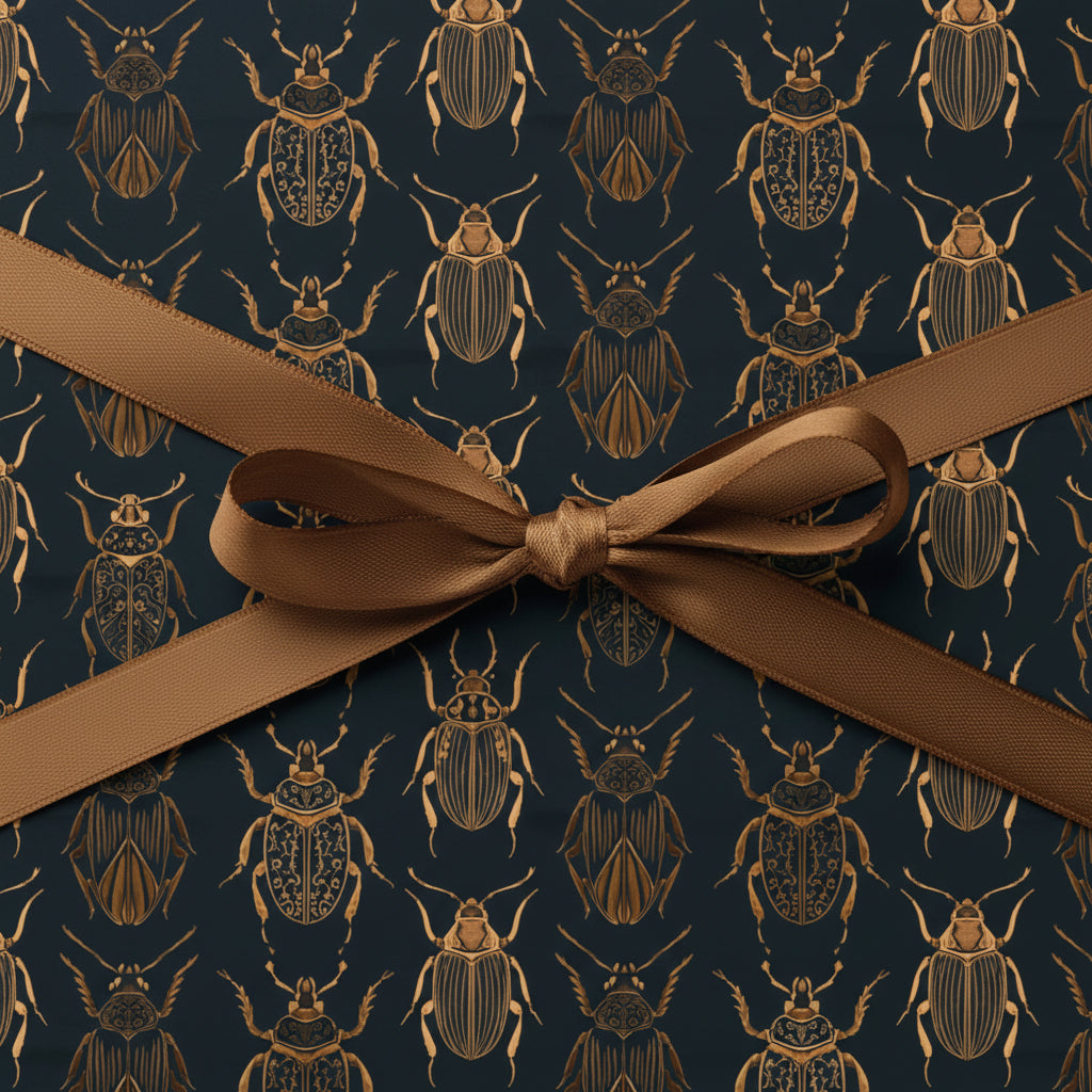 Elegant gift wrap featuring a gold beetle pattern on a dark blue background, tied with a brown satin ribbon.