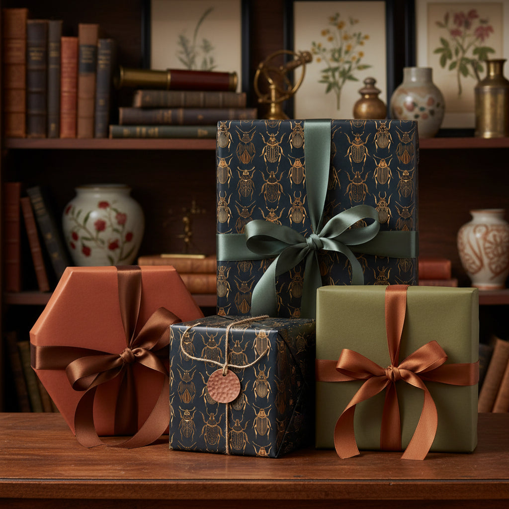 Elegant gifts wrapped in luxury gift wrap with a beetle pattern and satin ribbon bows.