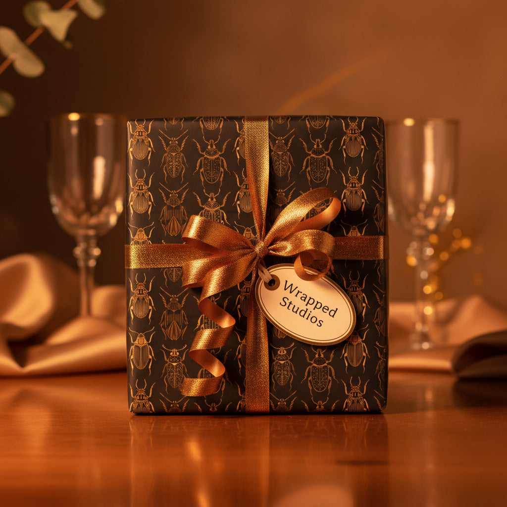 Elegant gift box in dark wrapping paper with gold beetle pattern and gold ribbon bow.