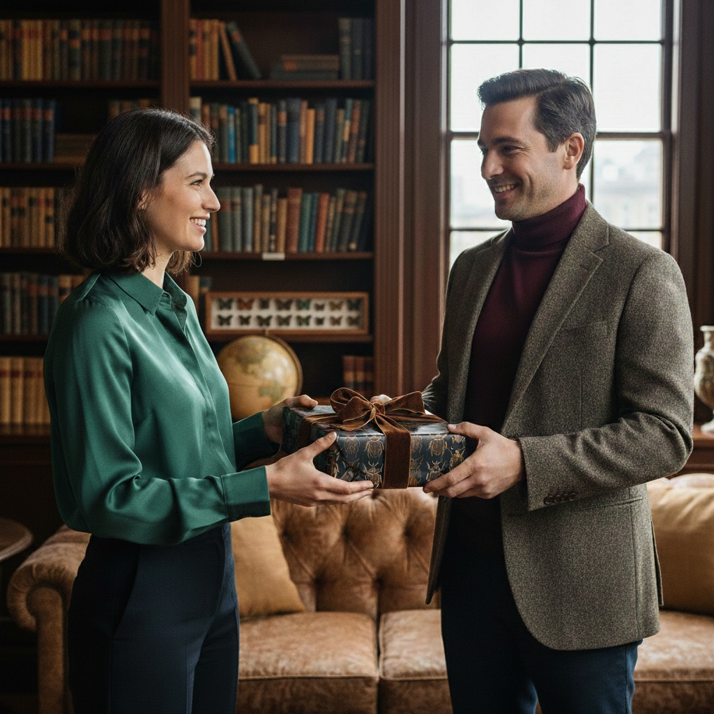 Woman giving a present wrapped in patterned luxury gift wrap with a velvet bow to a smiling man.