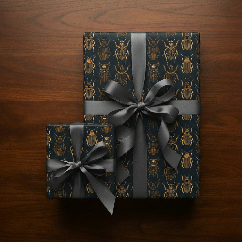 Two gifts wrapped in luxury gift wrap with a gold beetle pattern and gray satin ribbons.