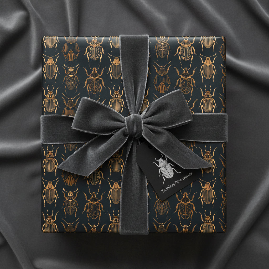 Elegant gift wrapped in beetle print wrapping paper with gray velvet ribbon on a velvet background.