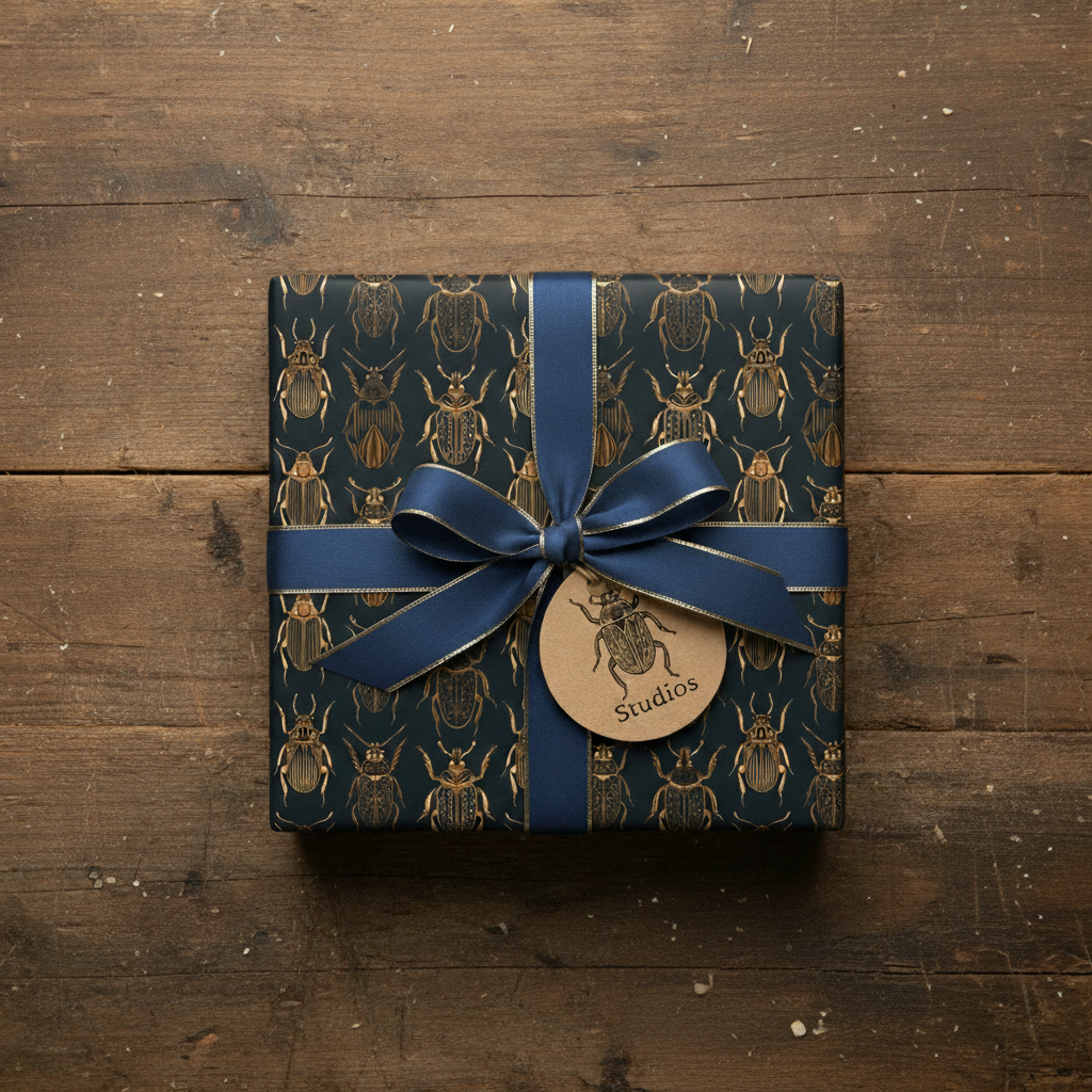Navy and gold luxury gift wrap with beetles design, finished with satin bow and tag.