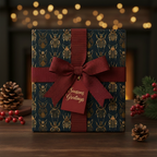 Elegant Christmas gift wrapped in dark blue beetle print paper with a burgundy bow and "Seasons Greetings" tag.