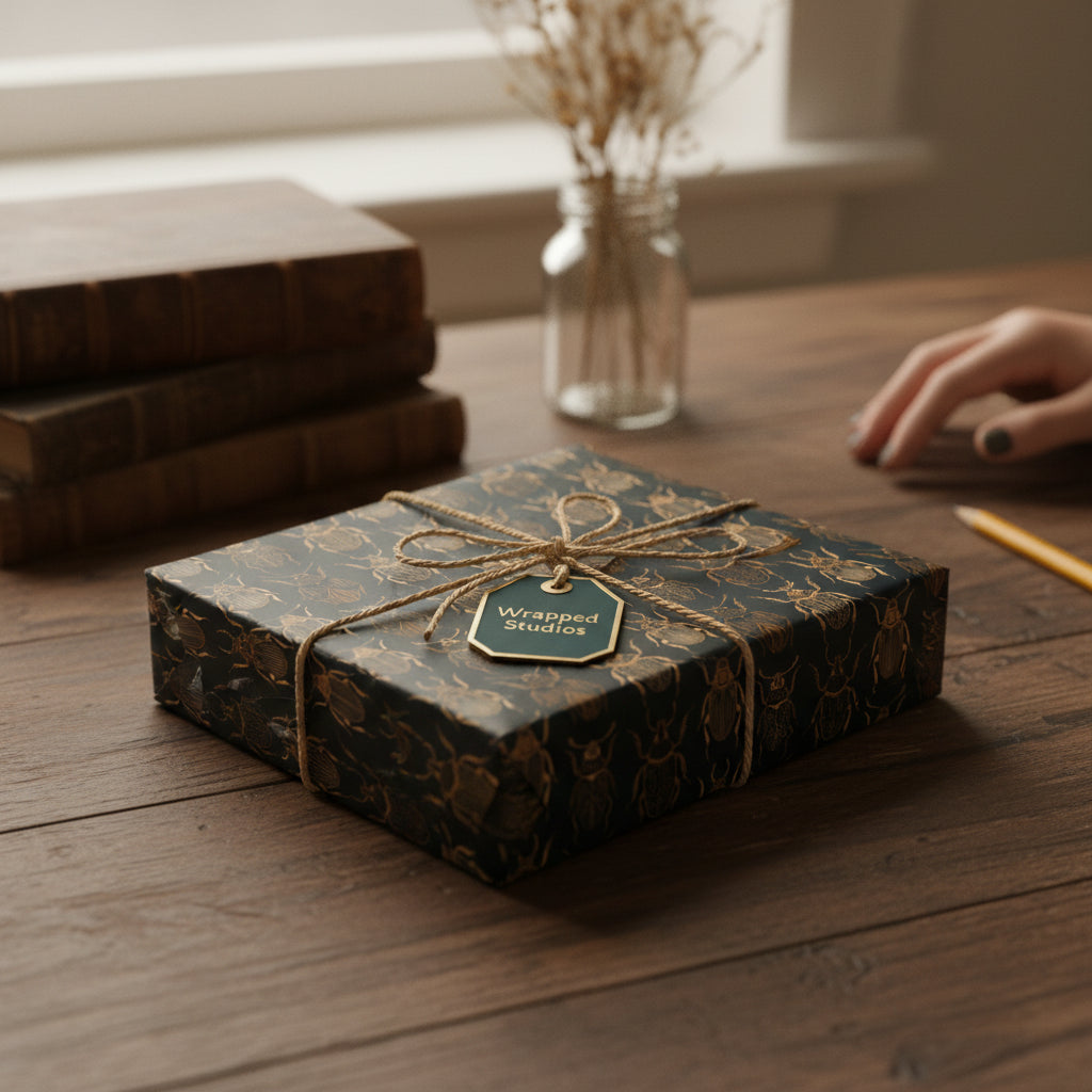 Elegant gift box wrapped in black and gold beetle-patterned wrapping paper, tied with rustic twine.