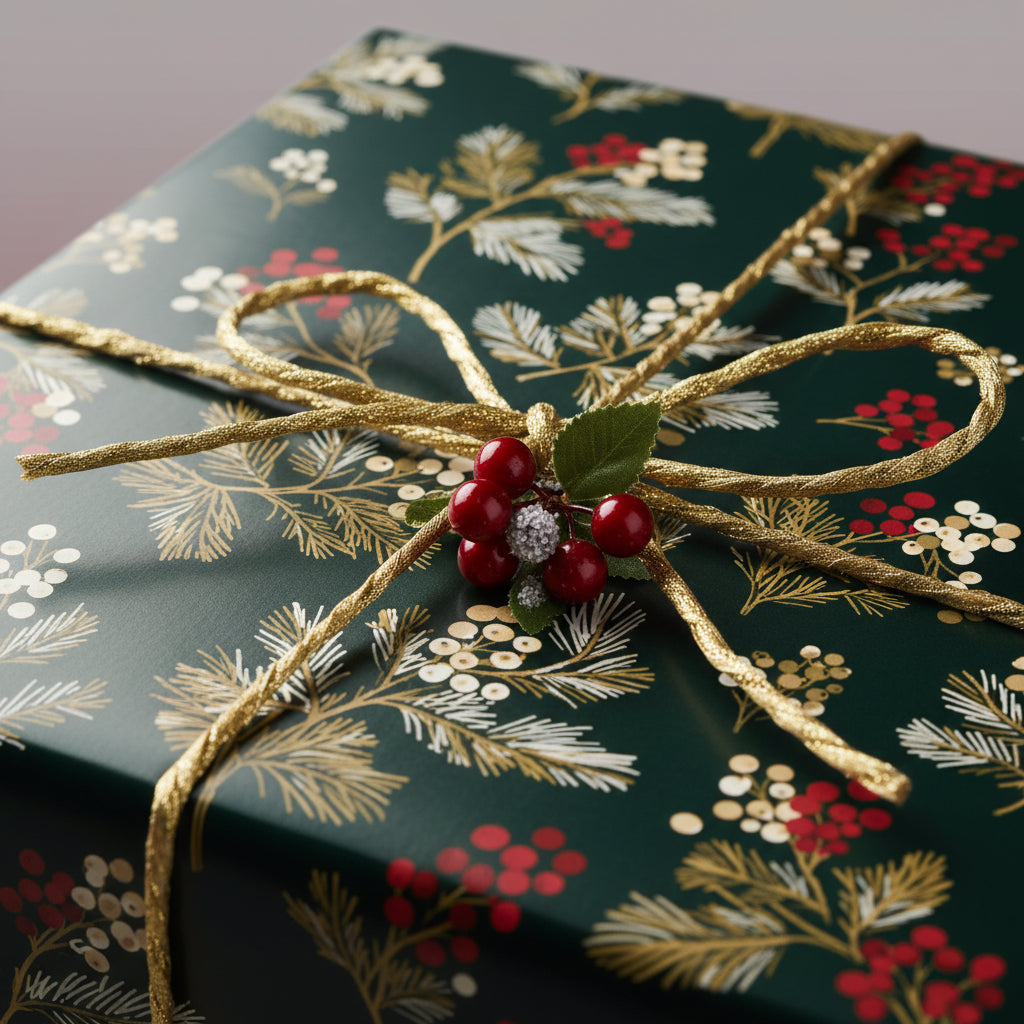 Elegant Christmas gift wrap with gold ribbon, berries, and dark green floral pattern.