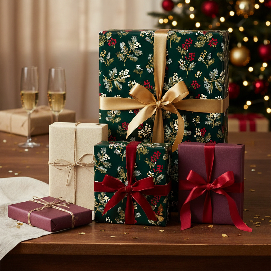 Elegant Christmas gifts wrapped in floral paper with gold and red ribbons, champagne flutes in background.