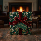 Elegant Christmas gift wrapped in green floral paper with red velvet ribbon, on a wood table by a fireplace.