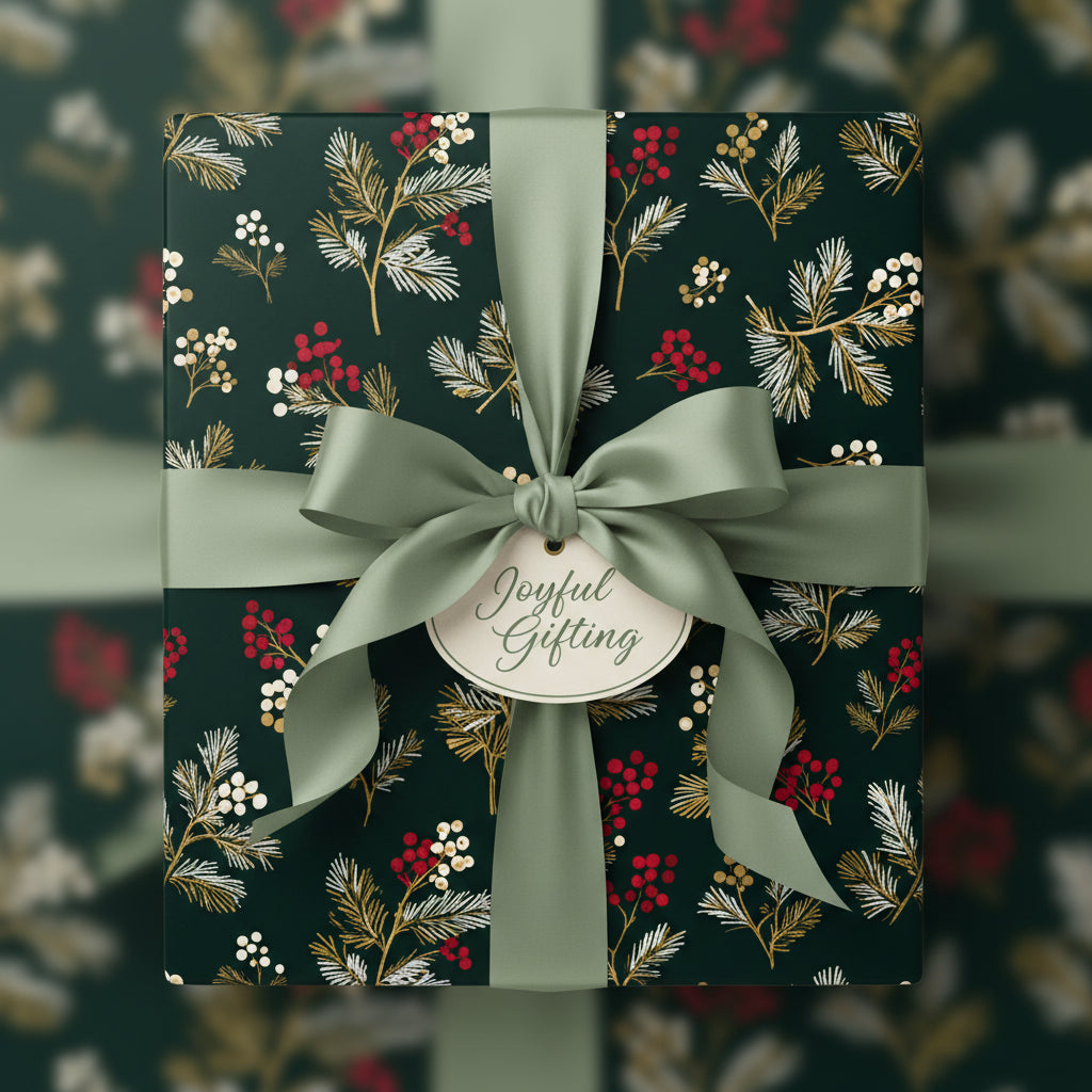 Dark green Christmas wrapping paper with red berry and gold foliage pattern, tied with sage green ribbon.