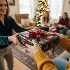 Holiday gift exchange with Christmas floral wrapping paper and red ribbon.