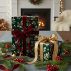 Elegant Christmas gifts wrapped in floral wrapping paper with velvet ribbon by a fireplace.