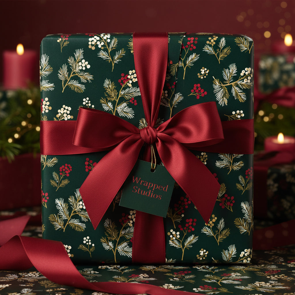 Elegant gift wrapped in dark green floral wrapping paper with red berries and satin ribbon bow.