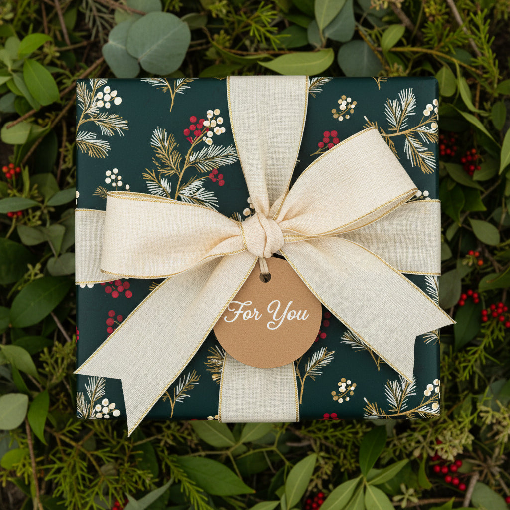 Elegant Christmas gift wrapped in dark green floral wrapping paper with a cream ribbon and "For You" tag.