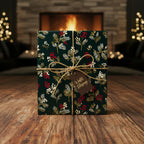 Square gift wrapped in elegant dark green Christmas floral wrapping paper tied with twine and a "Winter Blessings" tag.