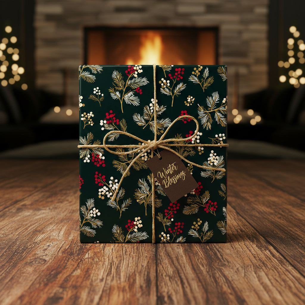 Square gift wrapped in elegant dark green Christmas floral wrapping paper tied with twine and a "Winter Blessings" tag.