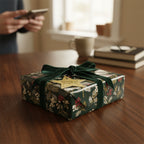 Elegant Christmas gift wrapped in dark green floral paper with velvet ribbon and gold star.