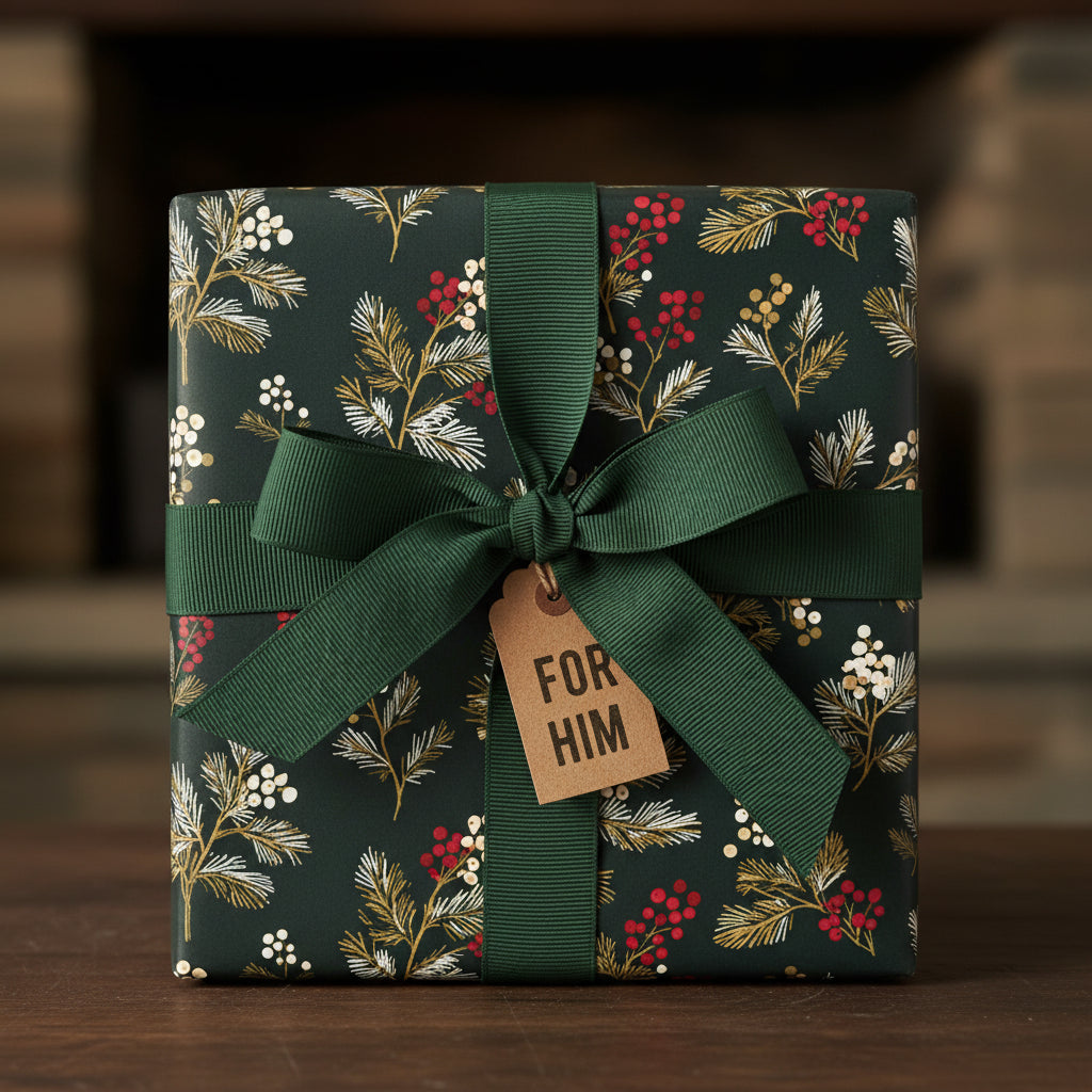 Gift box wrapped in festive floral Christmas wrapping paper with green ribbon, tag reads "For Him".