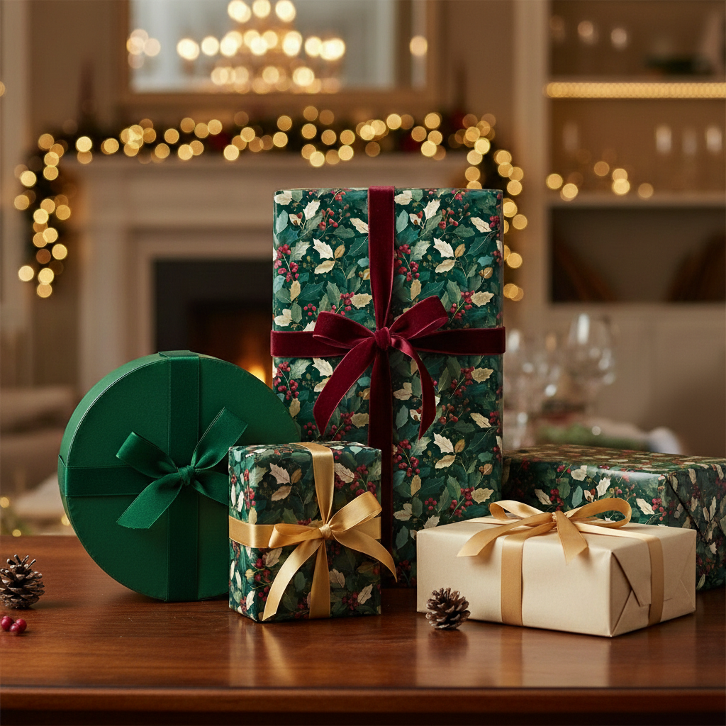 Elegant Christmas presents with floral wrapping paper and velvet ribbon, arranged by a cozy fireplace.