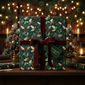 Elegant Christmas gift wrapped in holly floral wrapping paper with a burgundy velvet ribbon.