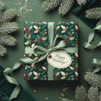 Elegant Christmas gift wrapped in floral holly berry paper with a green satin ribbon and "Happy Holidays!" tag.