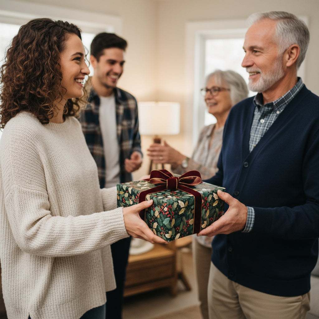 Family exchanging Christmas gift with dark floral wrapping paper and velvet ribbon.