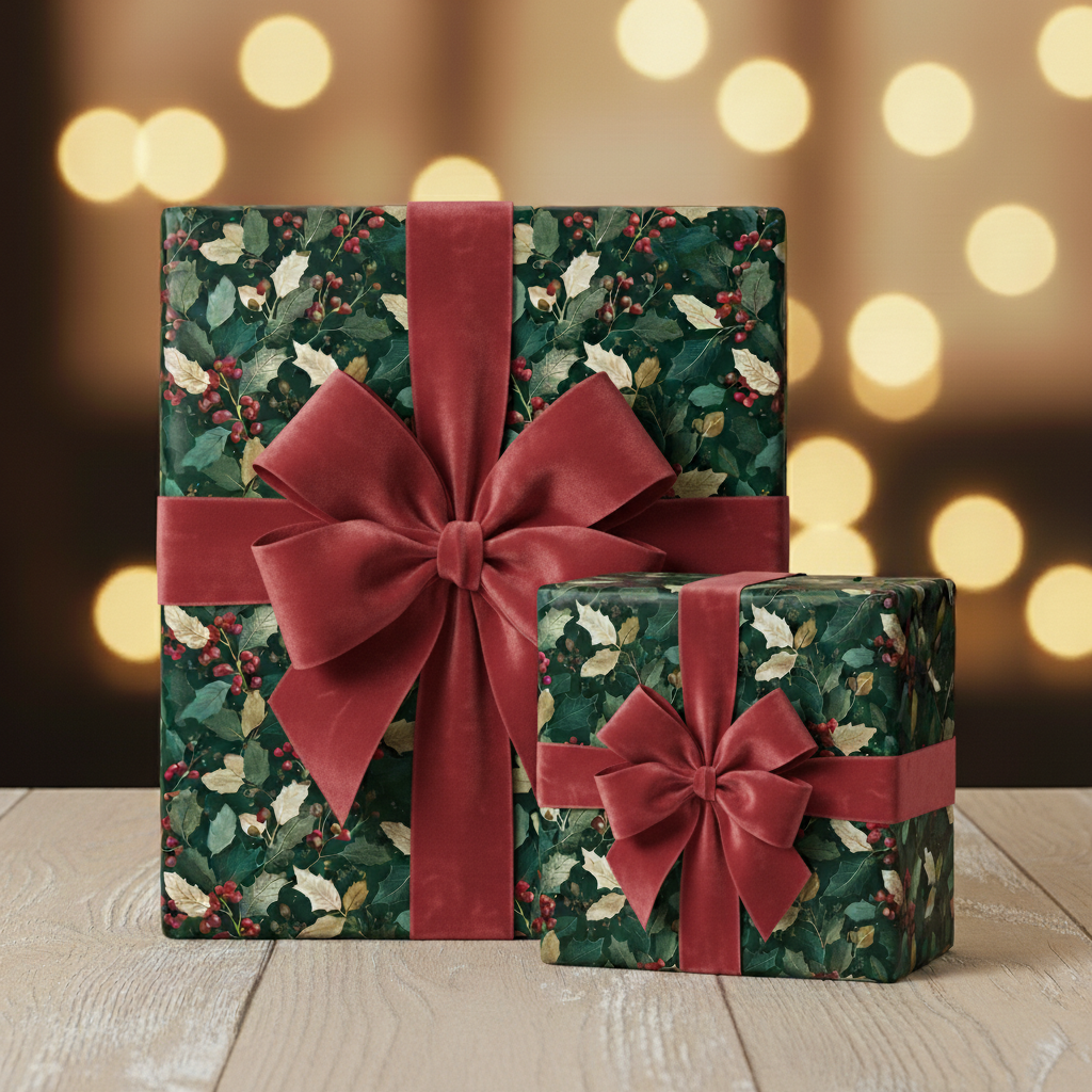 Elegant Christmas gifts wrapped in holly berry floral wrapping paper with burgundy velvet ribbon.