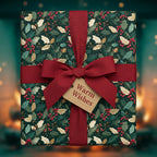 Elegant Christmas gift wrap with holly berry floral pattern, red ribbon, and "Warm Wishes" tag.