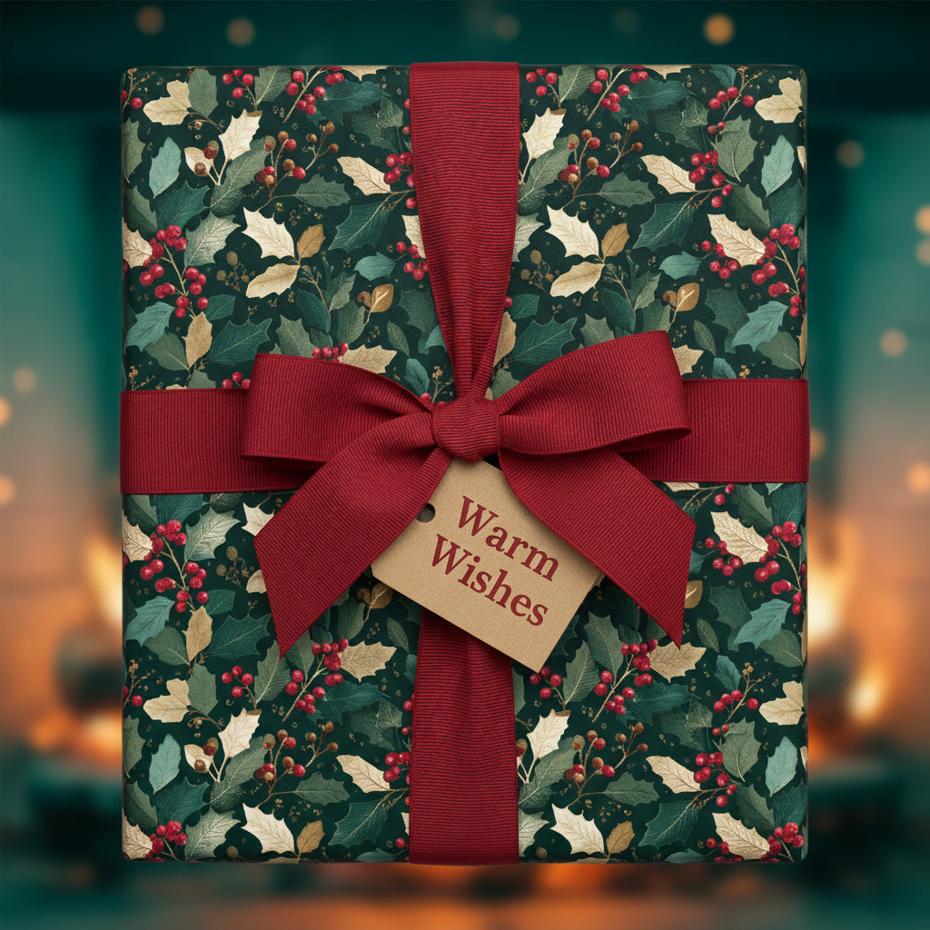 Elegant Christmas gift wrap with holly berry floral pattern, red ribbon, and "Warm Wishes" tag.