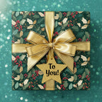 Elegant Christmas gift wrapped in floral holly berry paper with a gold ribbon and star-shaped tag.