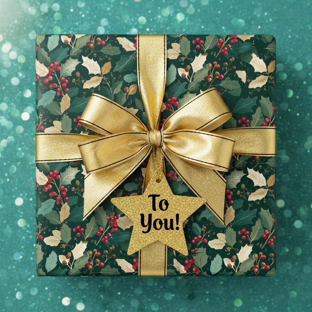 Elegant Christmas gift wrapped in floral holly berry paper with a gold ribbon and star-shaped tag.