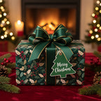 Elegant Christmas gift wrapped in floral wrapping paper with green ribbon and tree tag.