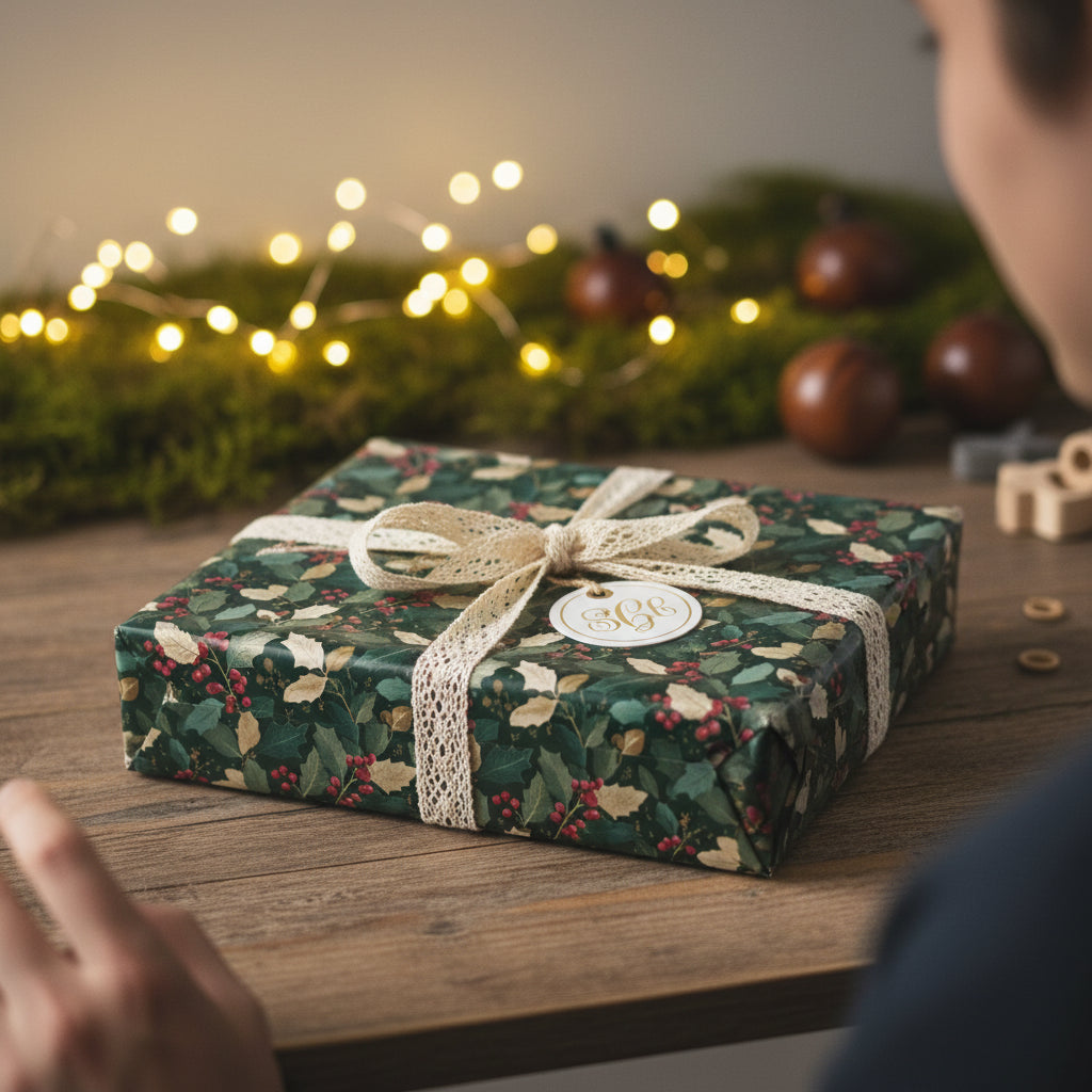 Square gift wrapped in vintage holly Christmas wrapping paper, tied with a lace ribbon, on a wooden table.