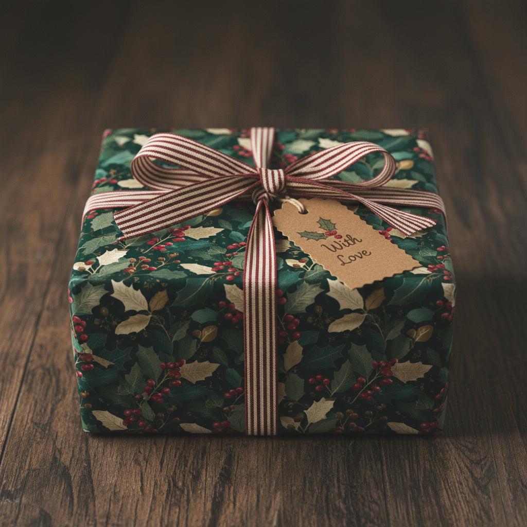 Square gift wrapped in green holly berry Christmas gift wrap with a striped ribbon and "With Love" tag.