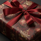 Burgundy luxury gift wrap with gold floral ornaments, tied with a wide satin ribbon.