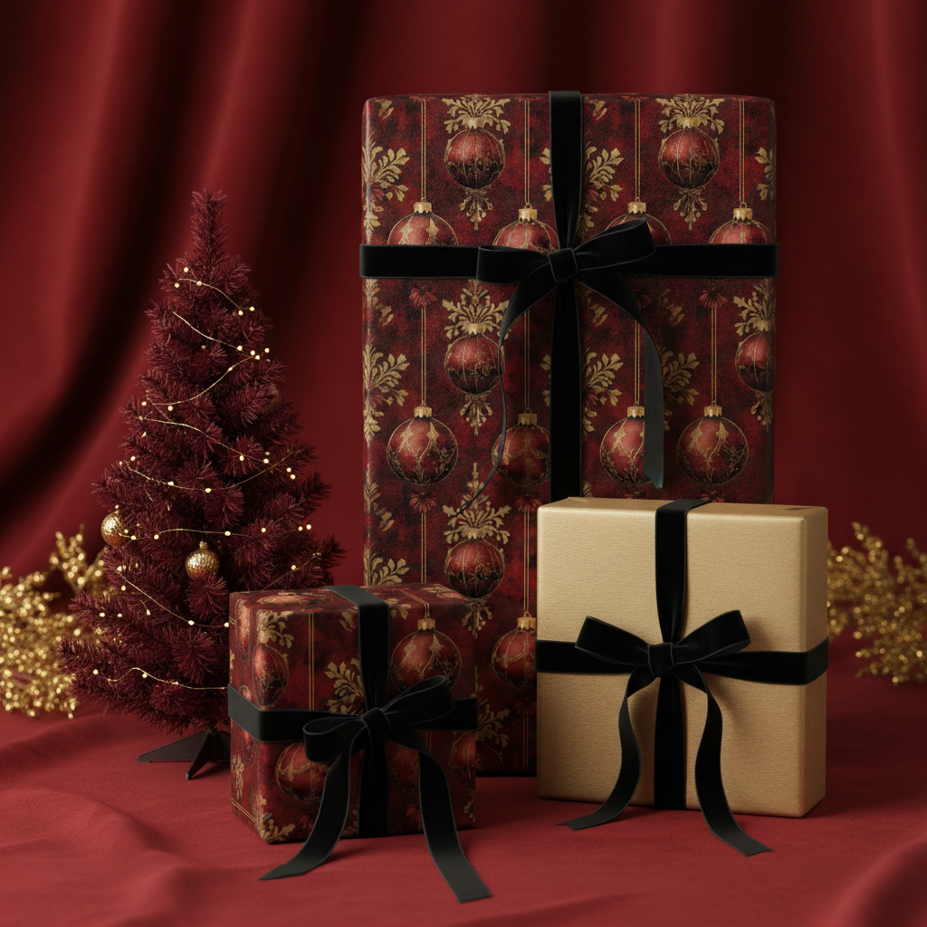 Elegant Christmas gift wrap with red and gold ornament pattern and black velvet ribbon.
