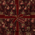 Square gift in decorative red & gold Christmas wrapping paper with velvet ribbon and "Merry & Bright" tag.