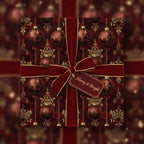 Square gift in decorative red & gold Christmas wrapping paper with velvet ribbon and "Merry & Bright" tag.