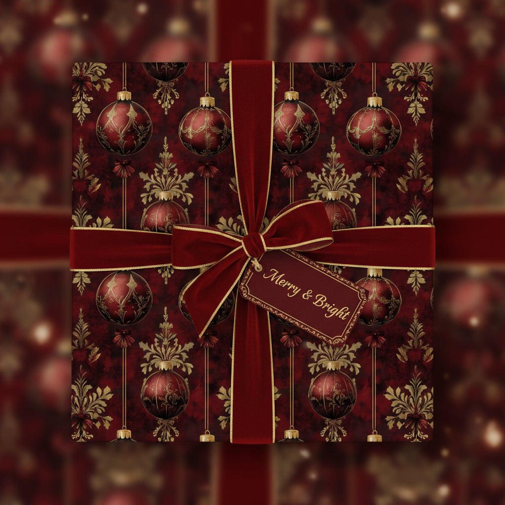Square gift in decorative red & gold Christmas wrapping paper with velvet ribbon and "Merry & Bright" tag.