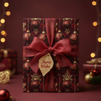 Elegant Christmas gift wrapped in red ornament-patterned paper with satin ribbon and a "Joyous Wishes" tag.