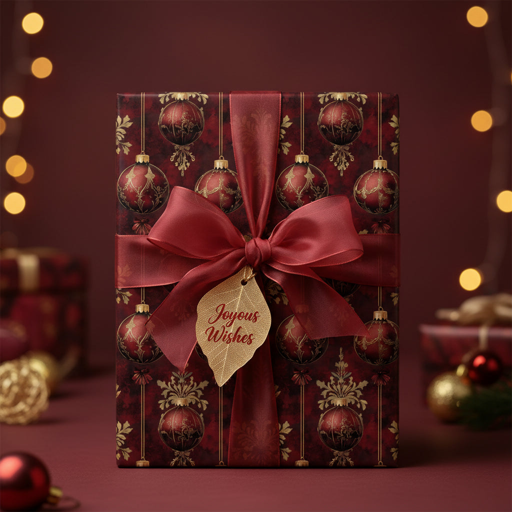 Elegant Christmas gift wrapped in red ornament-patterned paper with satin ribbon and a "Joyous Wishes" tag.