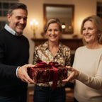 Passing elegant Christmas gift wrapped in festive ornament paper with a dark red satin bow.