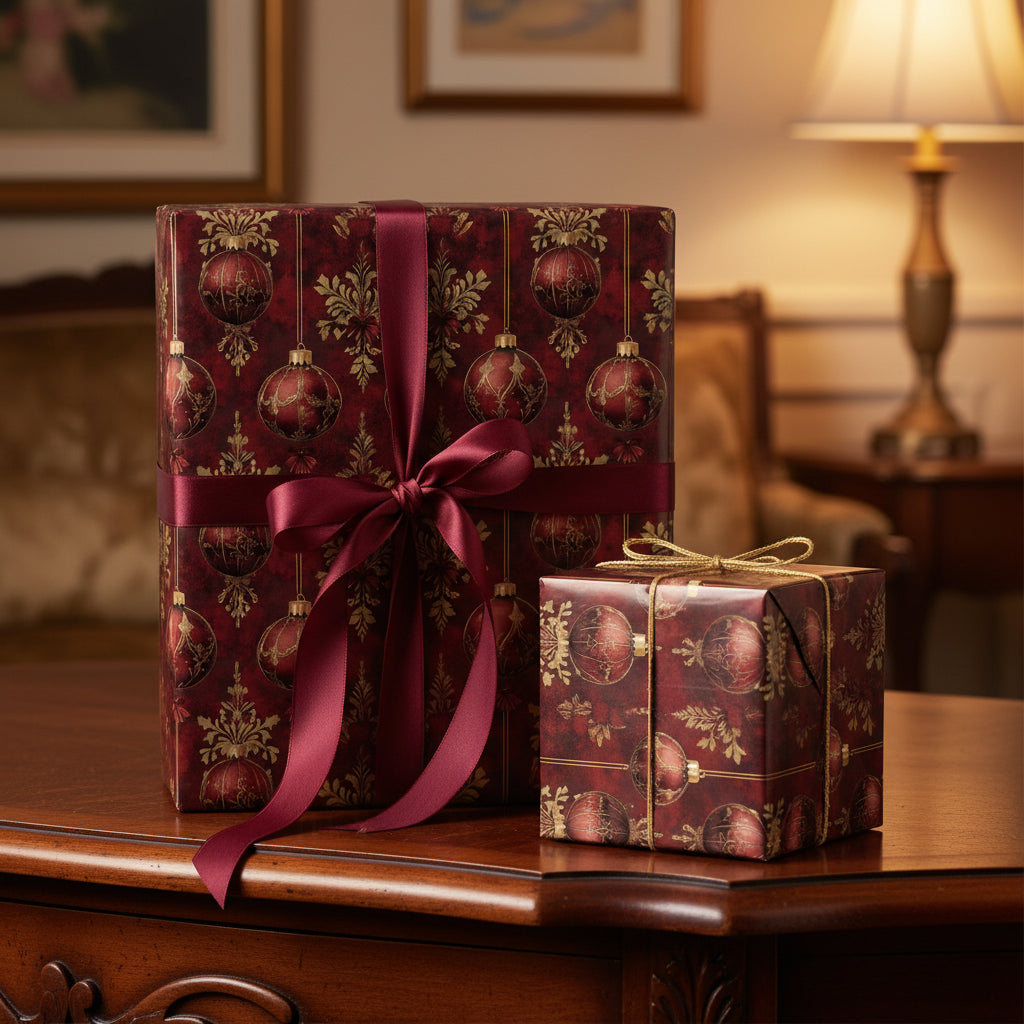 Elegant Christmas gift wrap featuring a burgundy and gold ornament pattern with ribbon on presents.