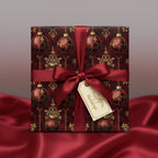 Square gift box wrapped in elegant burgundy and gold Christmas ornament wrapping paper with a satin ribbon and "Happy Holidays" tag.