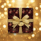 Elegant square gift with burgundy Christmas ornament wrapping paper and gold ribbon bow.