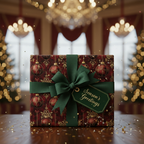 Elegant Christmas gift wrap with dark green ribbon and ornament pattern.