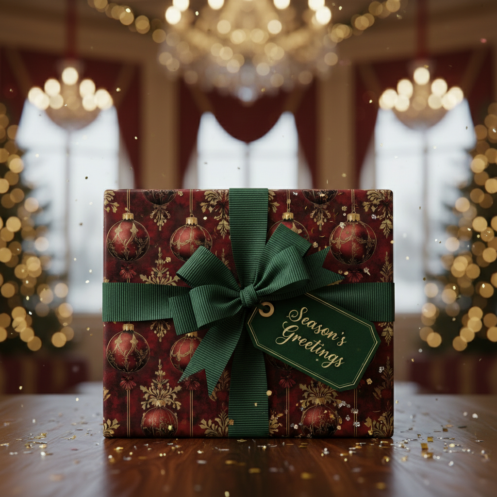 Elegant Christmas gift wrap with dark green ribbon and ornament pattern.