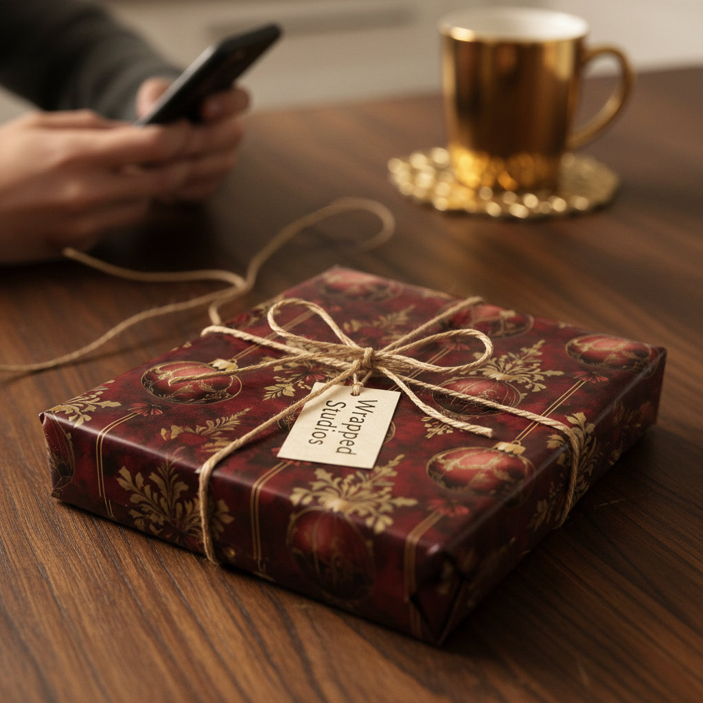 Burgundy and gold Christmas gift wrap with ornament design tied with twine on wood table.