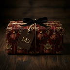 Elegant Christmas gift wrap with vintage ornament pattern, black velvet ribbon, and personalized leather tag.